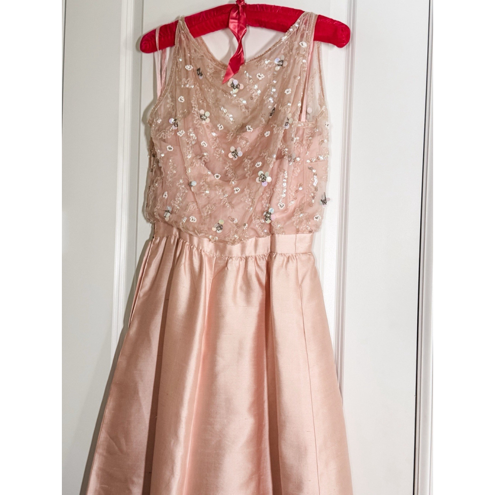 Vintage Malcolm Starr Blush Pink Beaded Satin A-Line Formal Dress 1960s - Picture 2 of 6
